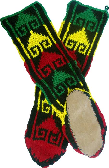 Leather Soled Wool-Rayon SLIPPER Socks in Rasta Colors