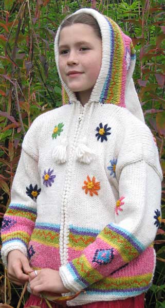 White Childs Pointy Hooded Cardigan with FLOWERS