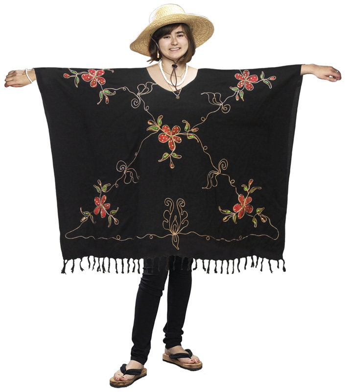 Sequined Sarong PONCHO with Hand-Painted Flowers