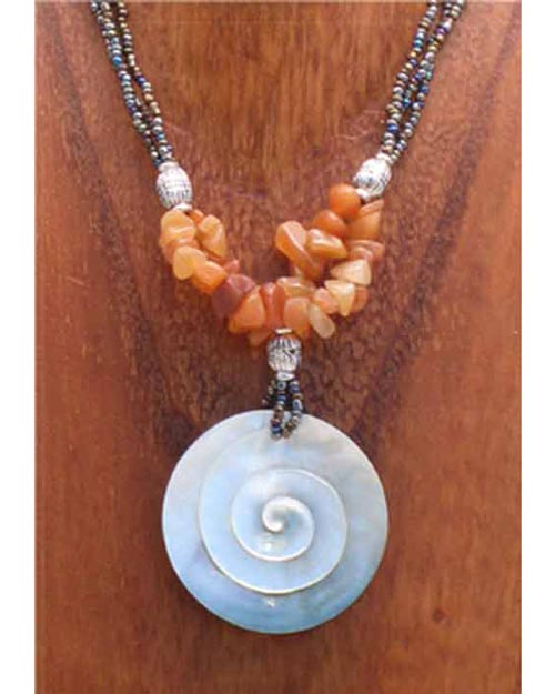 Spiral Shell NECKLACE with Beaded Cord & Stone Chips