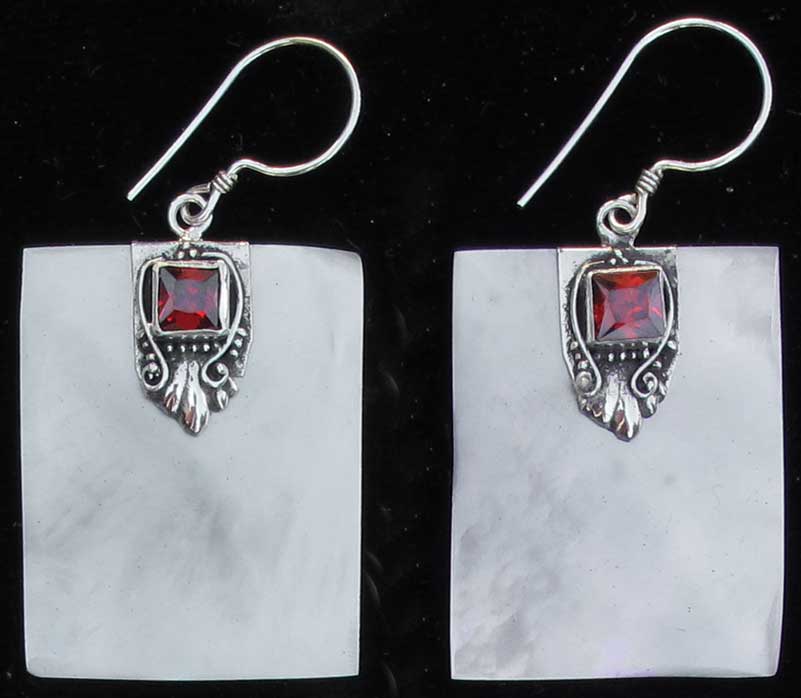 Rectangular Mother of Pearl and Sterling Silver Earrings with GARNET Cabochon