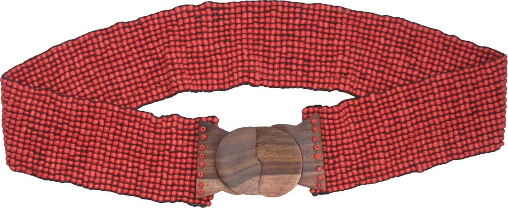 Red Beaded BELT with Wood Buckle